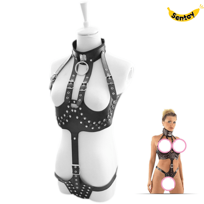 Đồ chơi bạo dâm BDSM bikini hở ngực âm đạo xích cổ (9)